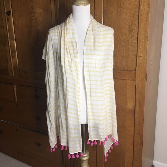 🛍️Yellow stripe pink pom-pom/tassel Nordstrom summer scarf $58 - Picture 2 of 8